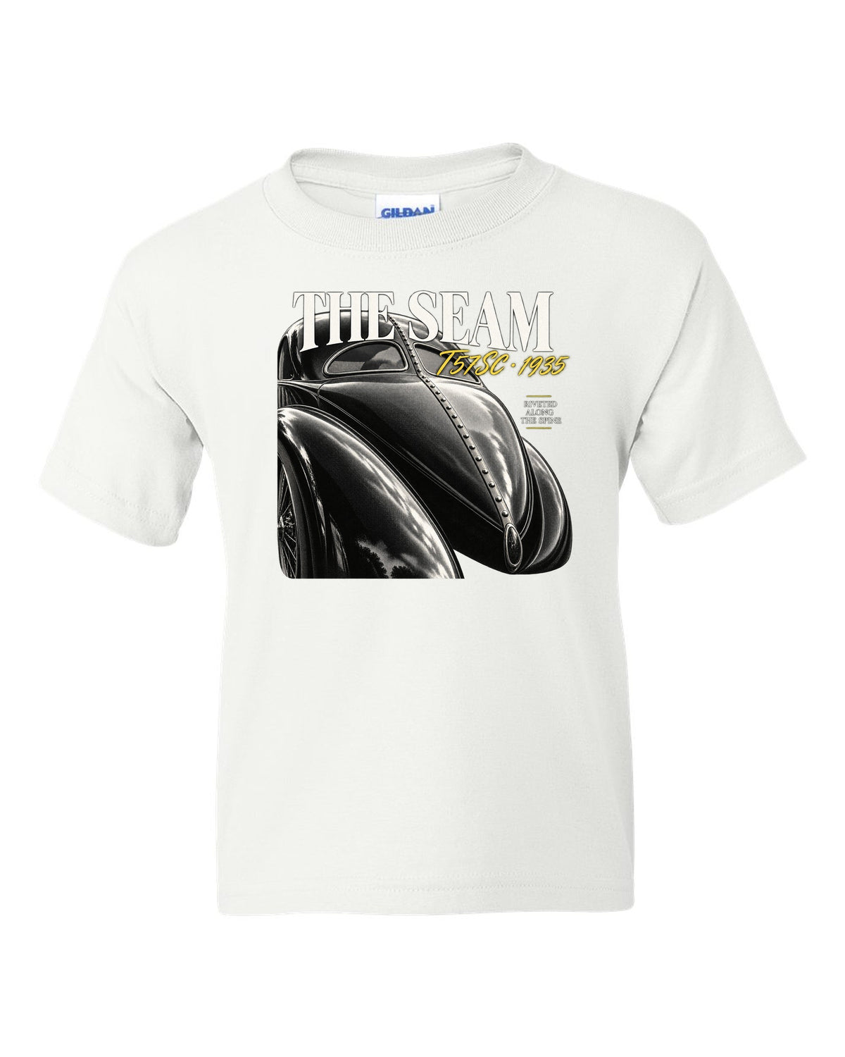 Close macro print of the riveted dorsal seam on a 1935 Bugatti Type 57SC Atlantic white kids tee front view with the design