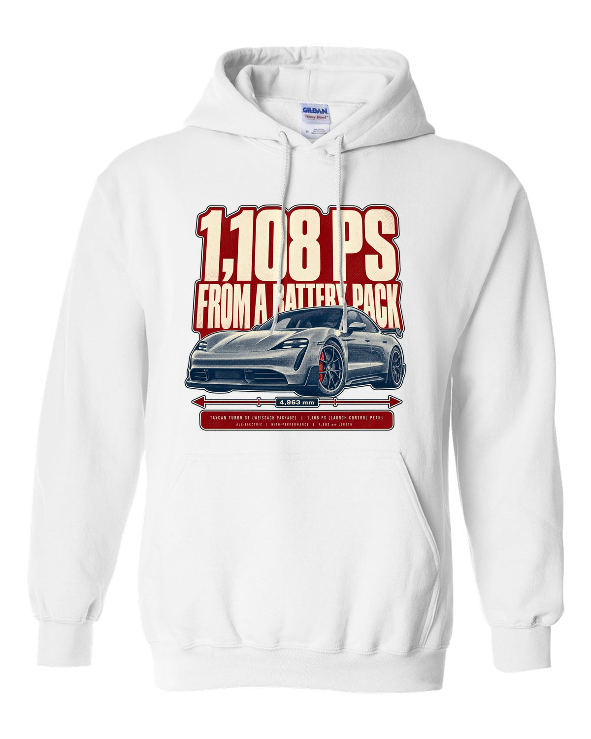 Halftone print of a low front three-quarter Porsche Taycan Turbo GT with 1,108 PS text white pull over hoodie front view with the design