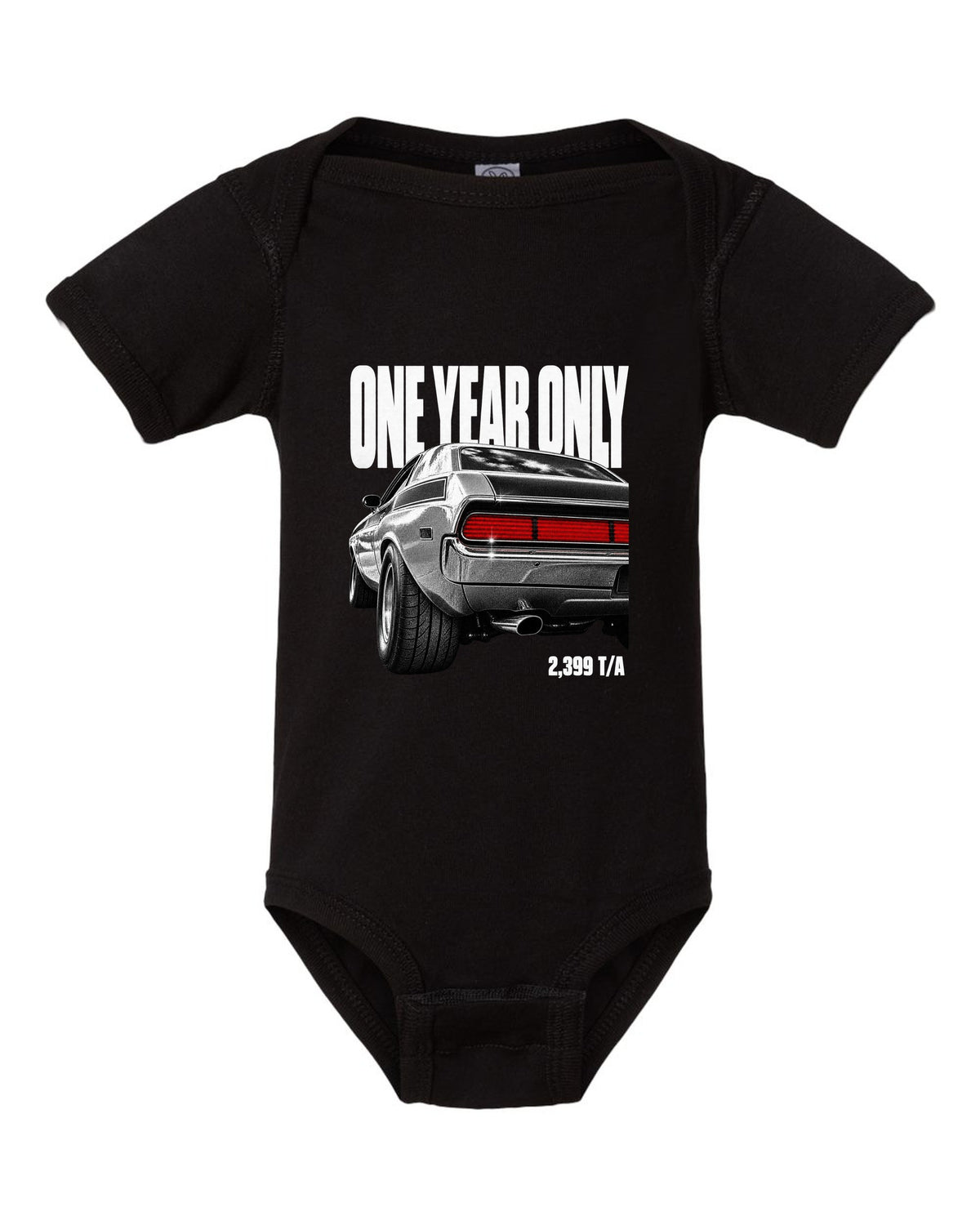 Taillight macro print of a 1970 Dodge Challenger T/A with one year only 2,399 T/A text black baby onesie front view with the design