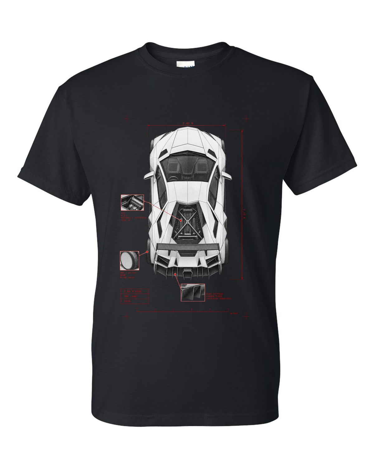 Lamborghini Aventador S LP740-4 spec poster print reading 2.03 M wide, one lane, 2016 black t-shirt front view with the design