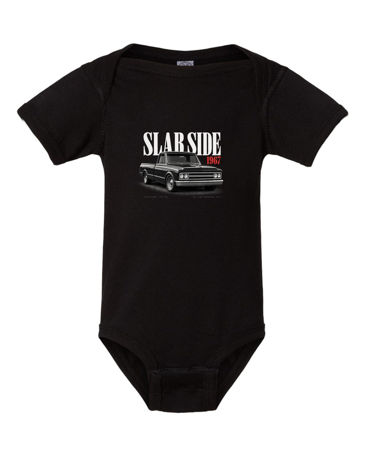 Editorial print of a 1967-72 Chevrolet C10 Action Line Fleetside with 283 V8 text black baby onesie front view with the design