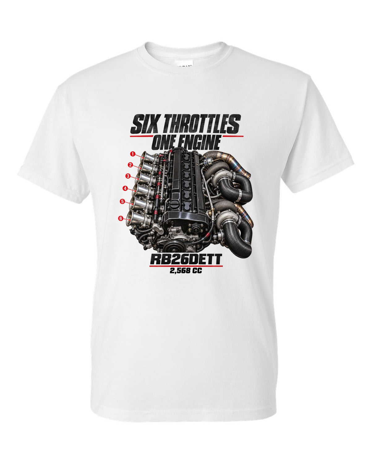 print of the RB26DETT six-throttle engine from the Nissan Skyline GT-R R32 white t-shirt front view with the design