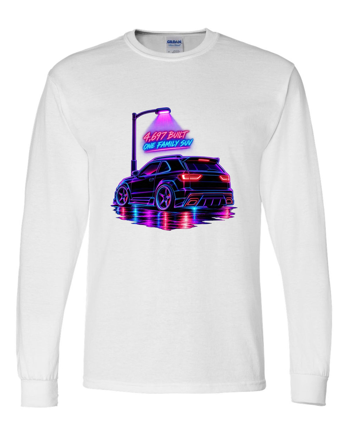 Neon synthwave line art print of a 1992-93 GMC Typhoon taillight with 4,697 built lettering white long sleeve front view with the design