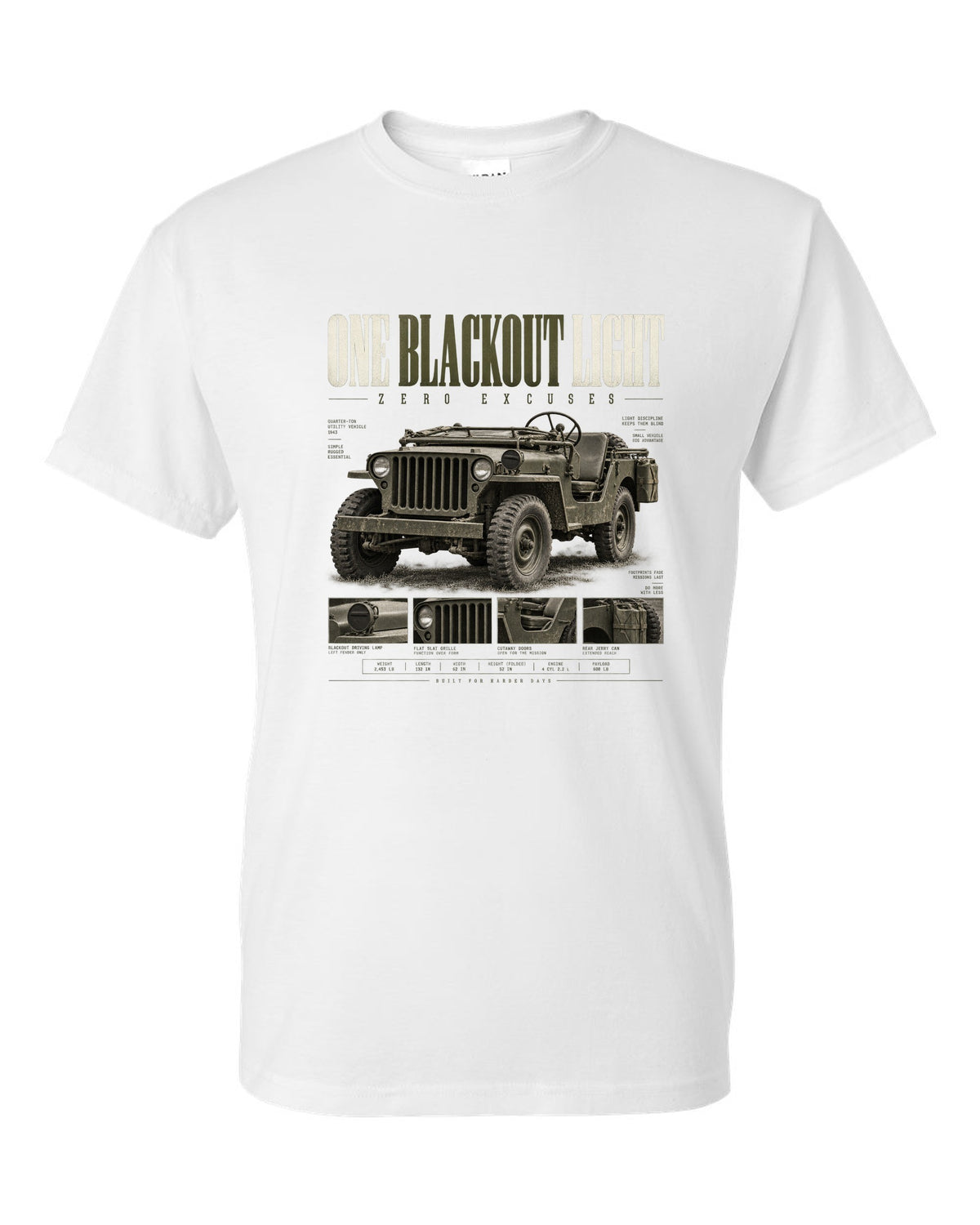 Editorial headline print for the Willys MB blackout light, 1941-1945 white t-shirt front view with the design