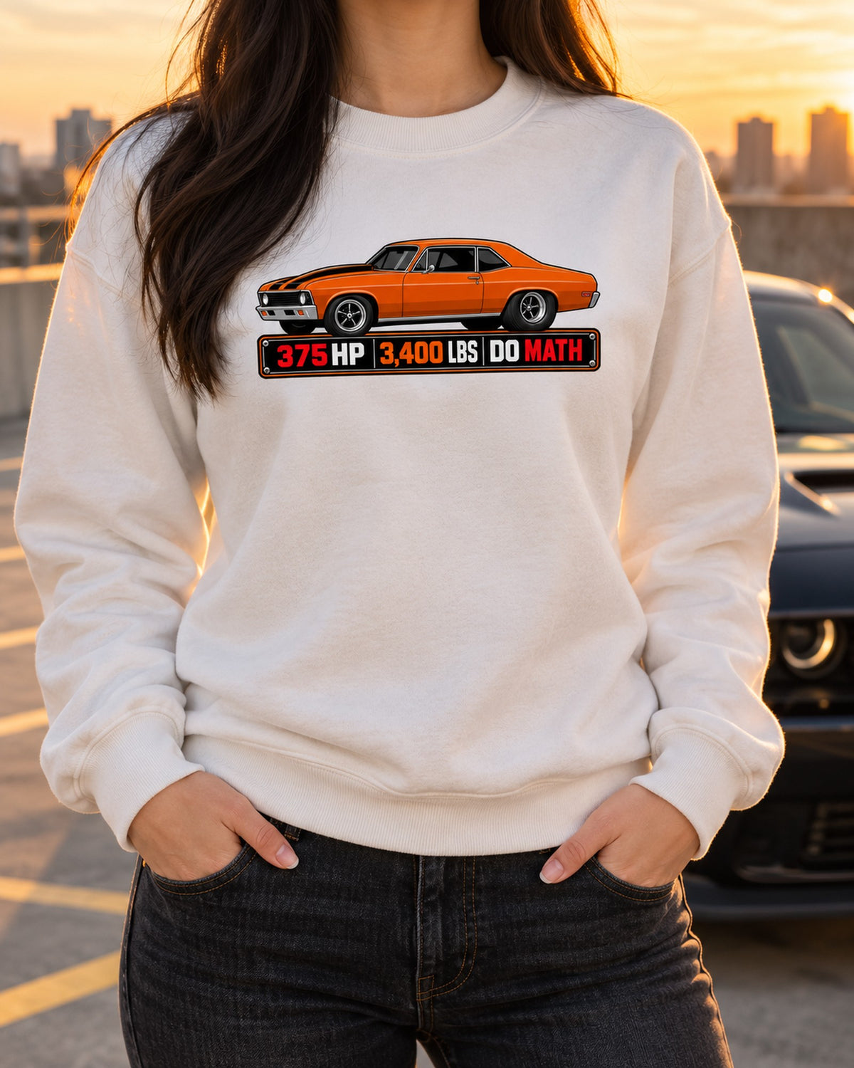 1970 Nova SS 396 Spec Sheet Shirt, 375 HP 3,400 LBS Tee Crewneck White worn hero