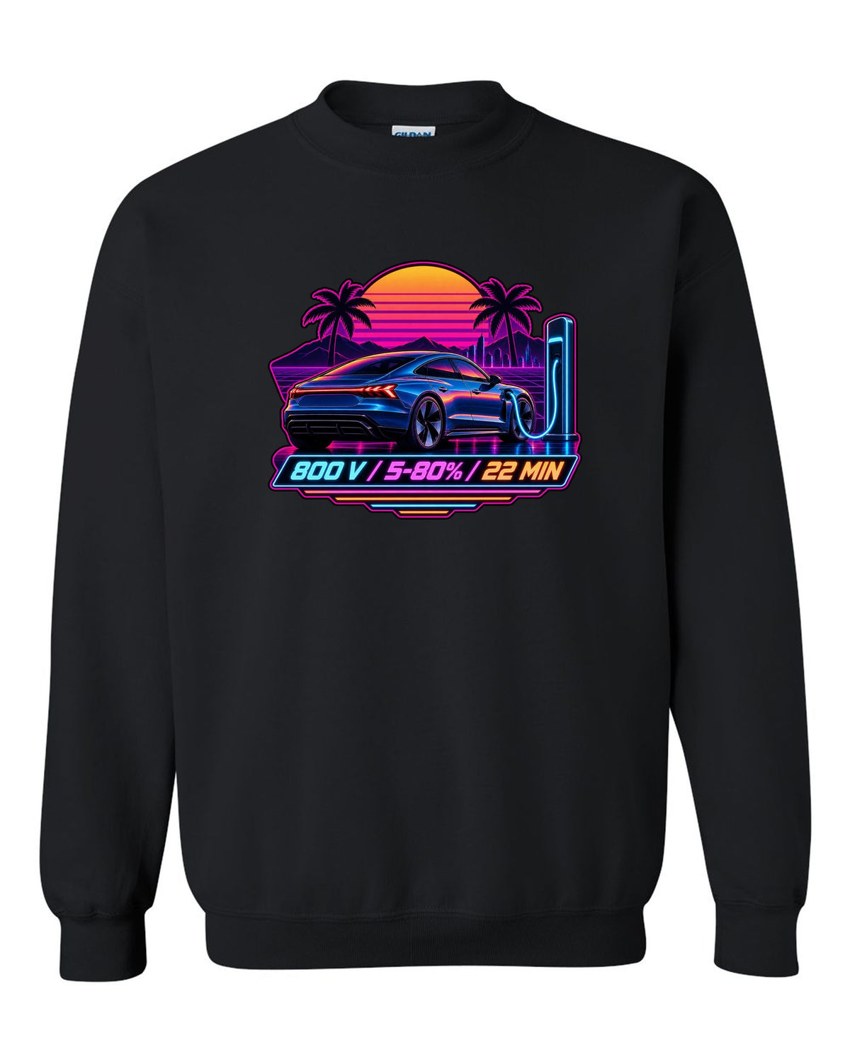 Outrun style print of an Audi e-tron GT with 800 V charging figures black crewneck front view with the design