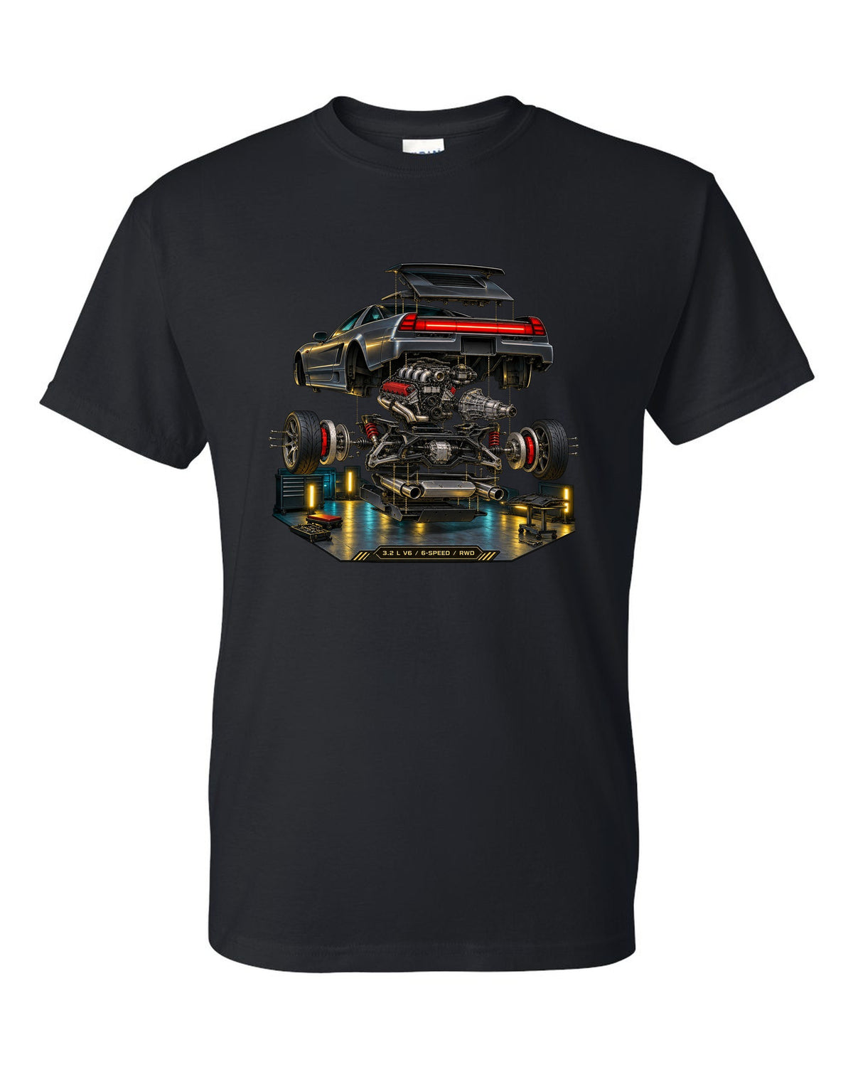 Isometric exploded diagram print of the Honda NSX NA2 with 3.2 L V6 6-speed RWD text black t-shirt front view with the design