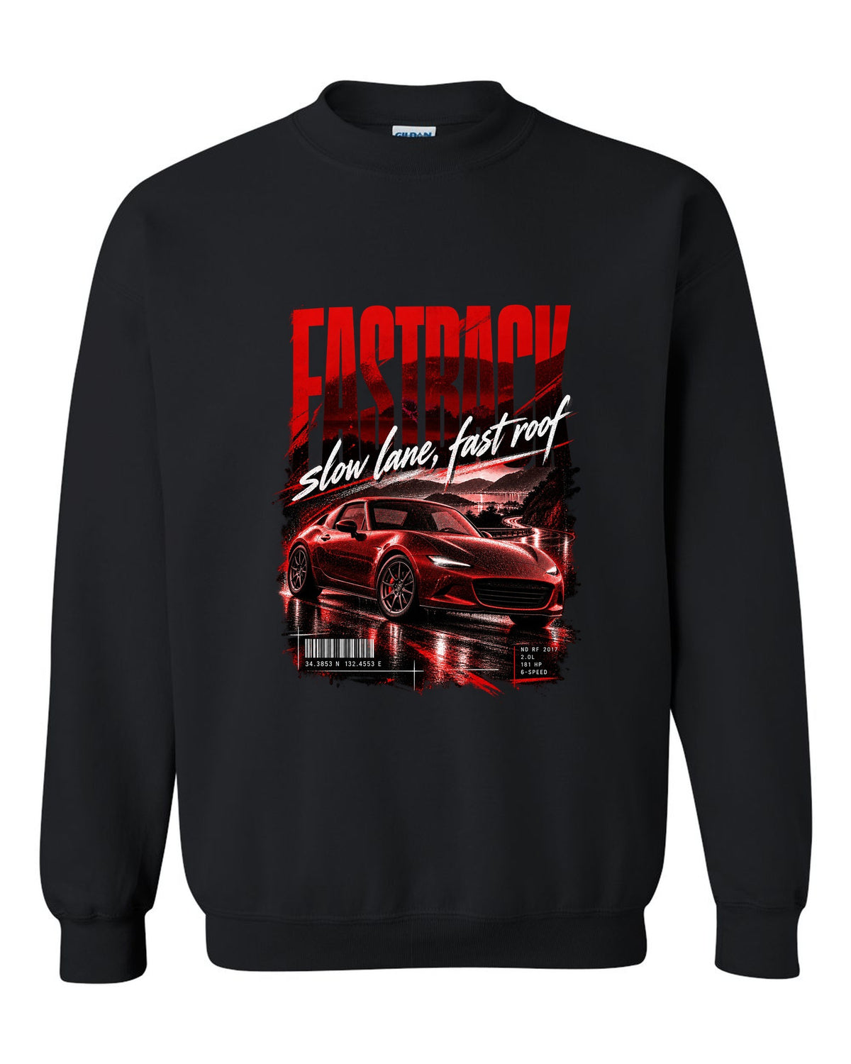 Street poster print for the 2017 Mazda MX-5 ND RF reading fastback, slow lane, fast roof black crewneck front view with the design