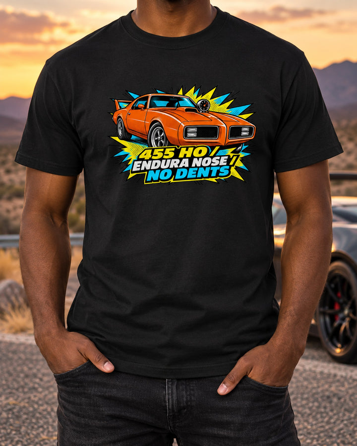 1970 Pontiac GTO 455 HO Orange Pop Art print Tee T-Shirt Black worn hero