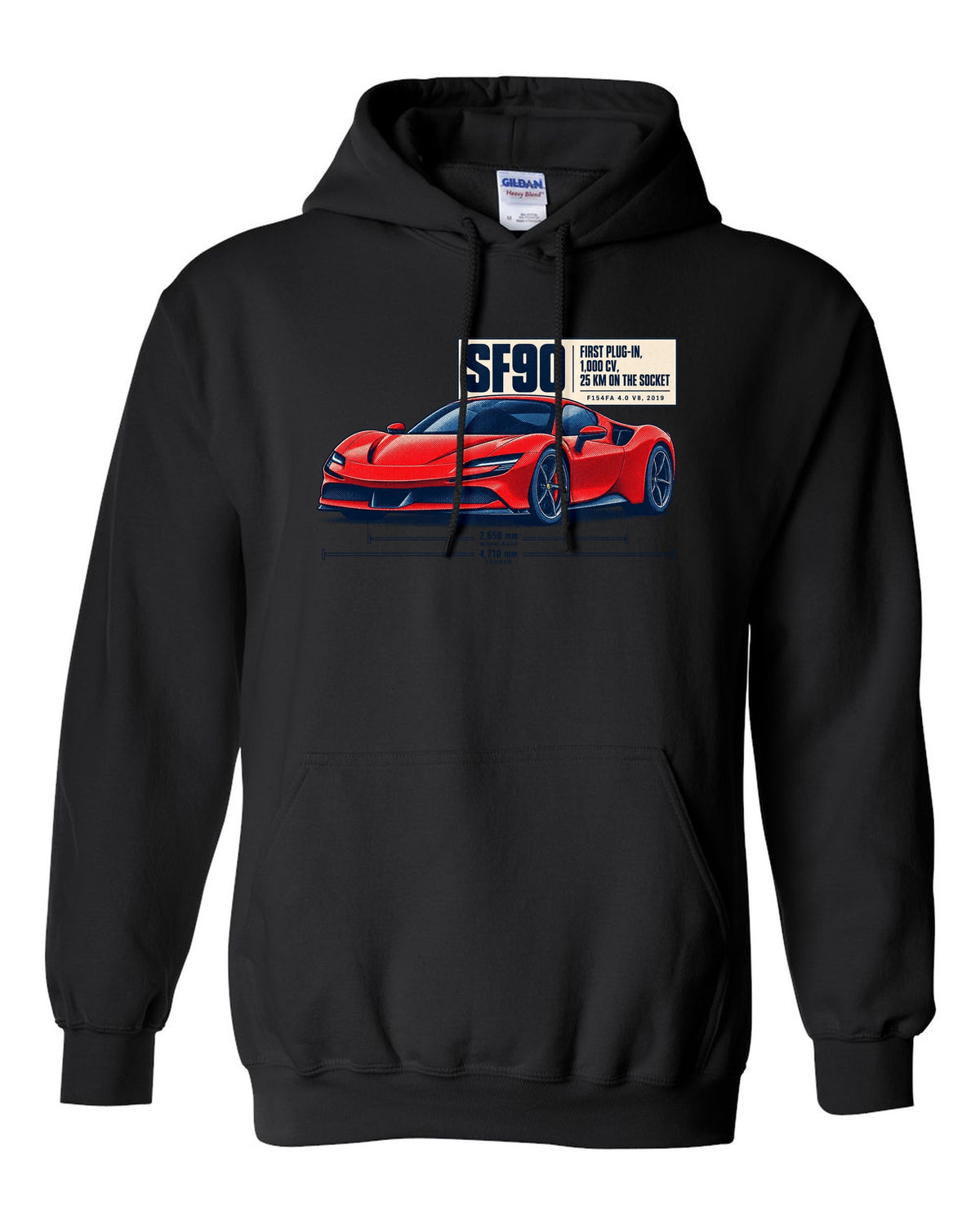 Ferrari SF90 Stradale halftone print with first plug-in, 1,000 CV text black pull over hoodie front view with the design