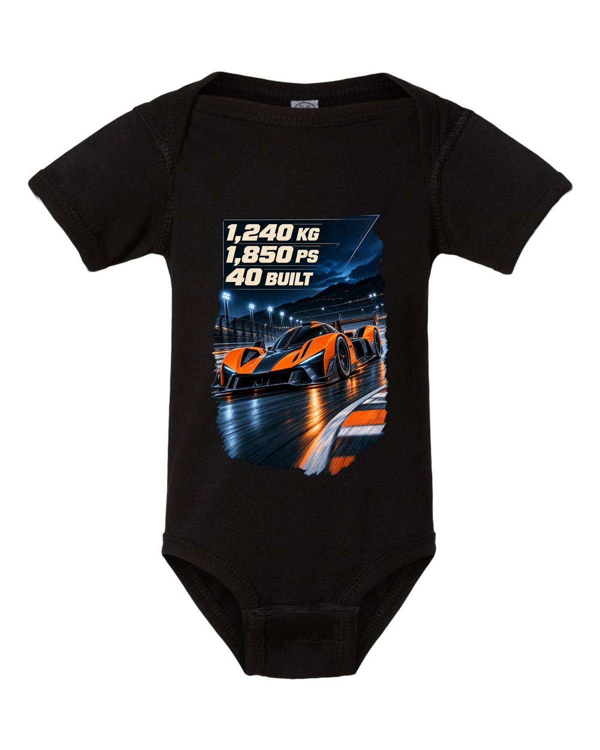 Bugatti Bolide track car at night print with weight and power figures black baby onesie front view with the design