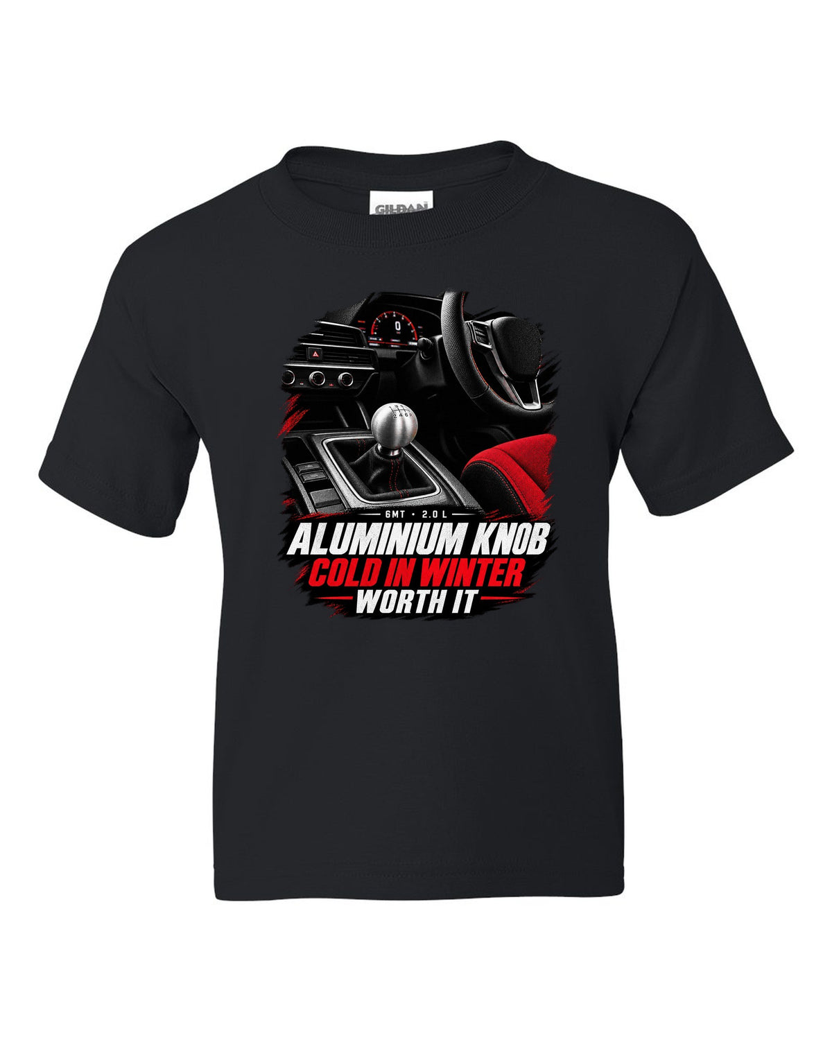 Honda Civic FL5 cockpit gauge design with aluminium shift knob text black kids tee front view with the design