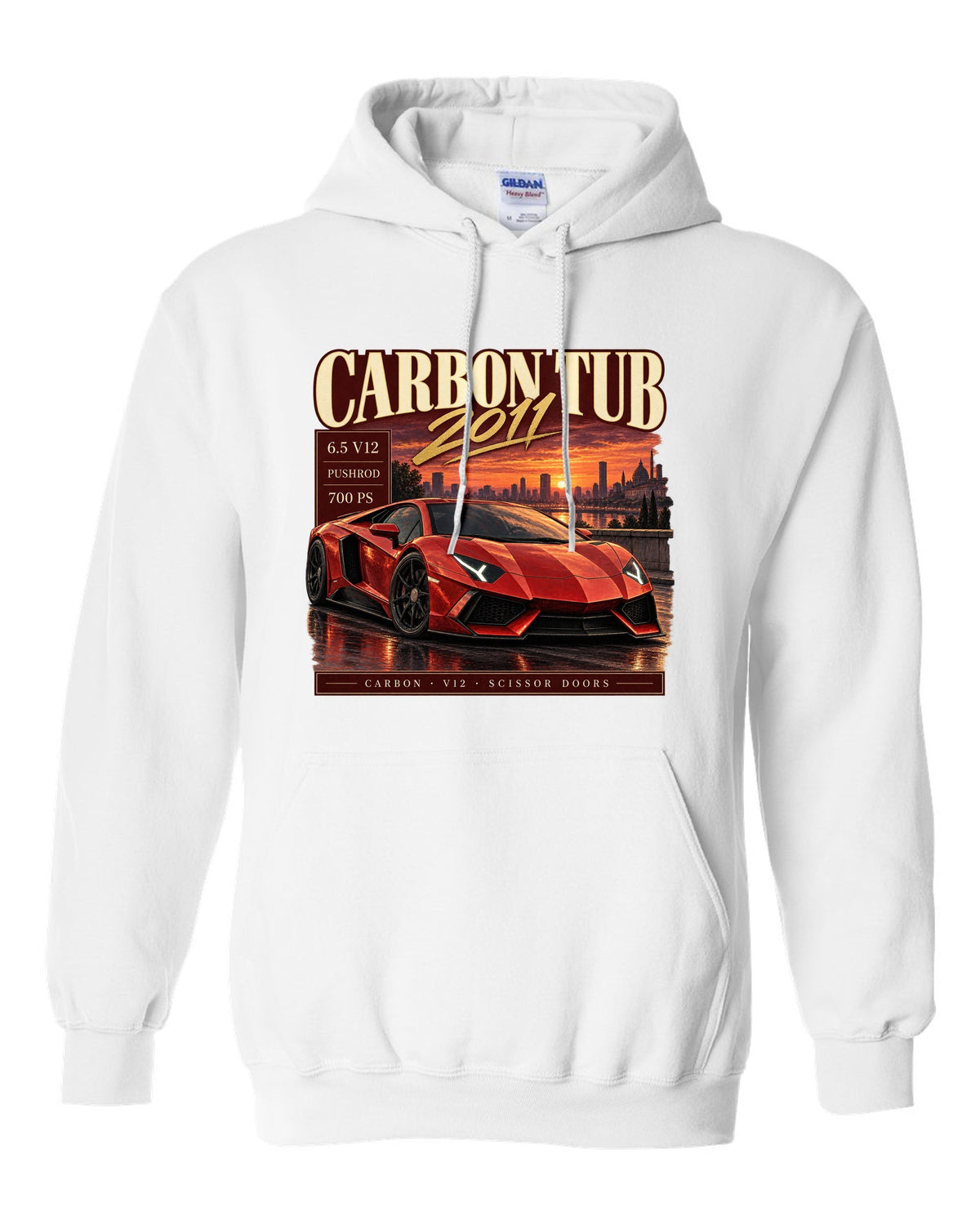 Archive panel print of a Lamborghini Aventador LP700-4 with Carbon Tub and 6.5 V12 text white pull over hoodie front view with the design