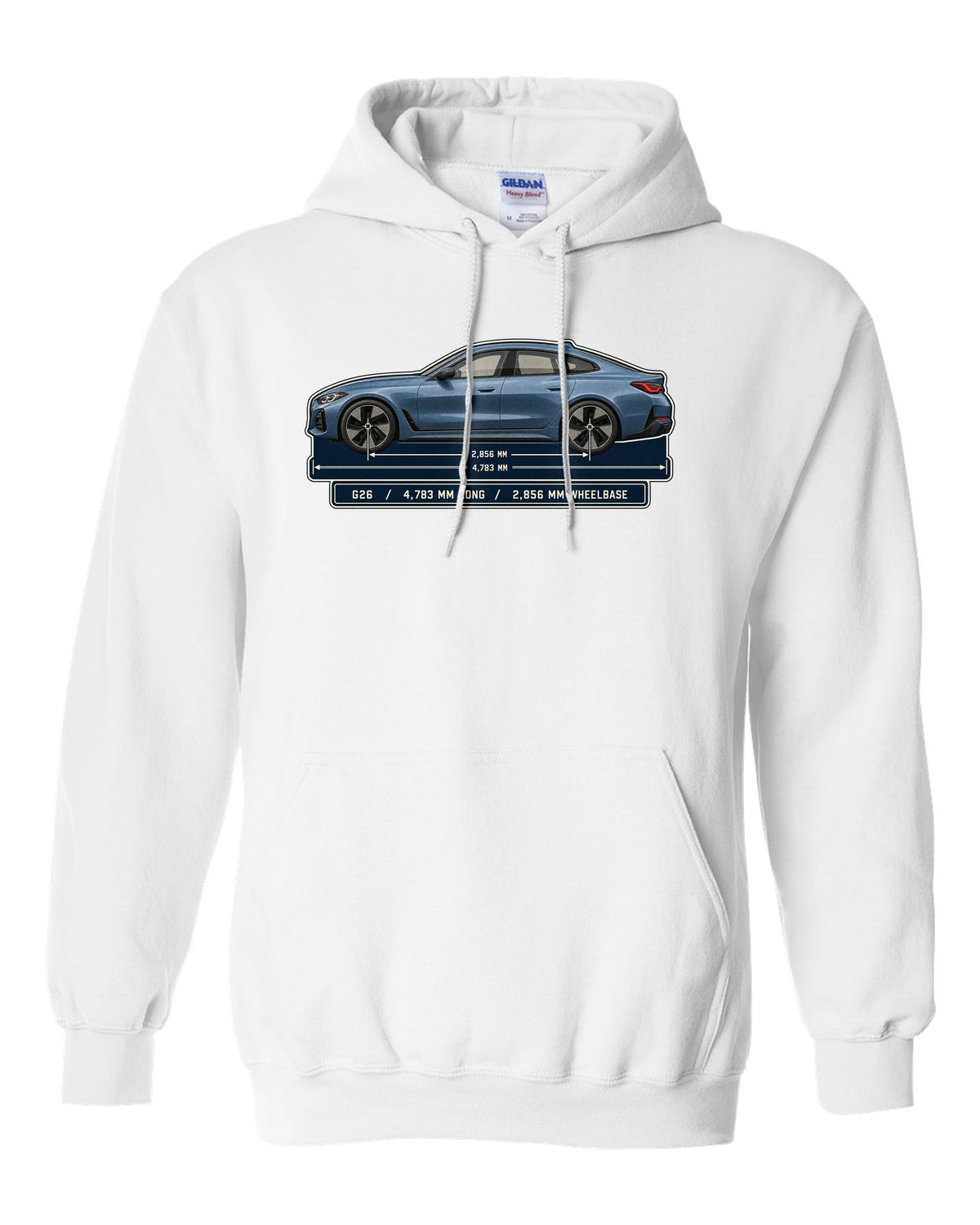 Dimension blueprint print of the BMW i4 M50 G26 Gran Coupe white pull over hoodie front view with the design