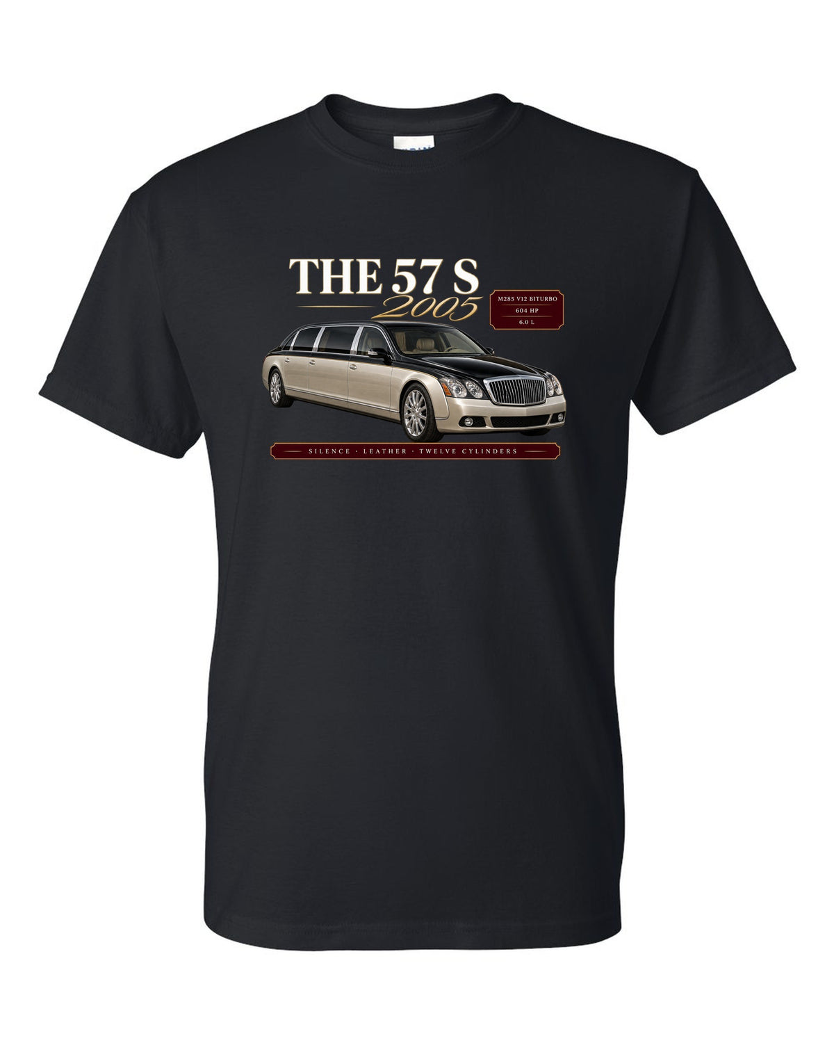 print archive panel of a Maybach 57 S W240 with text silence, leather, twelve cylinders black t-shirt front view with the design
