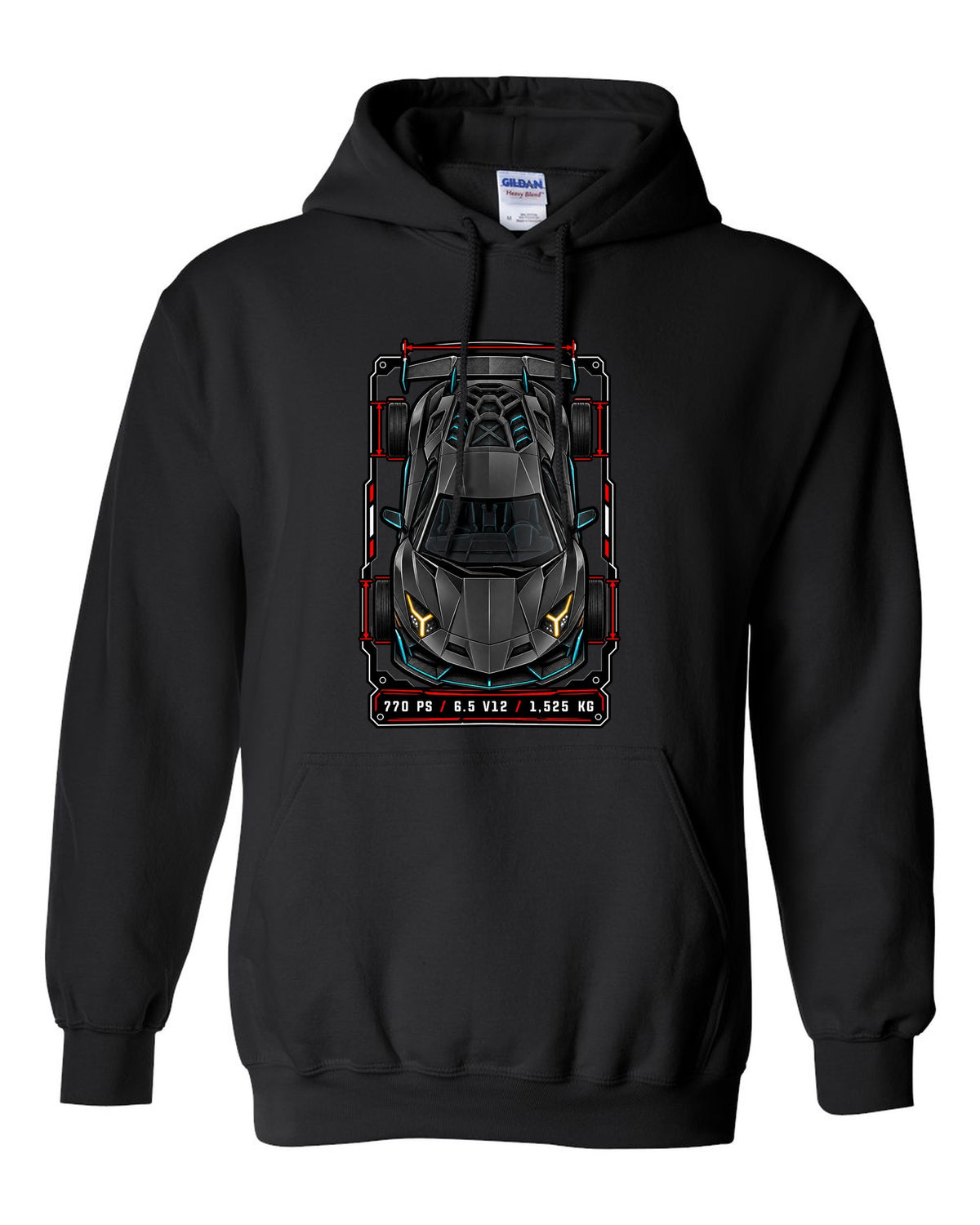 Spec-sheet data plate with a top-down Lamborghini Aventador SVJ LP770-4 and the text 770 PS / 6.5 V12 / 1,525 KG black pull over hoodie front view with the design