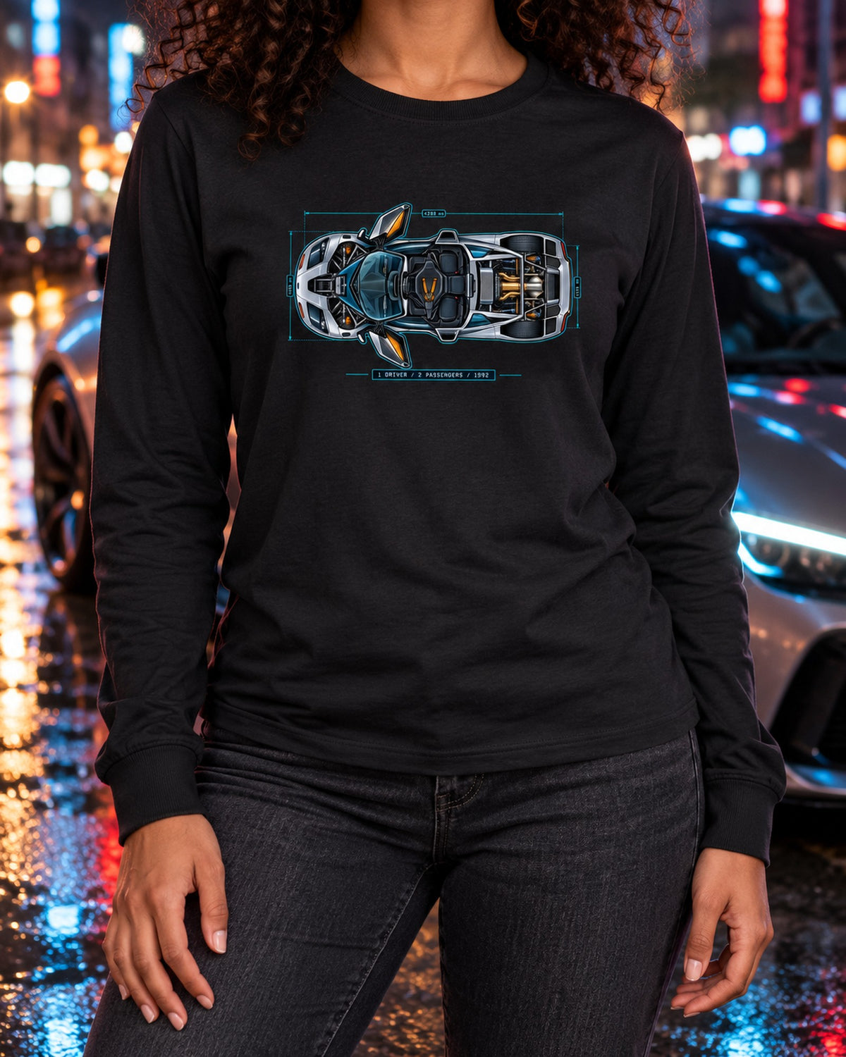 McLaren F1 Blueprint Shirt, One Driver Two Passengers, Car Guy Gift Long Sleeve Black worn hero