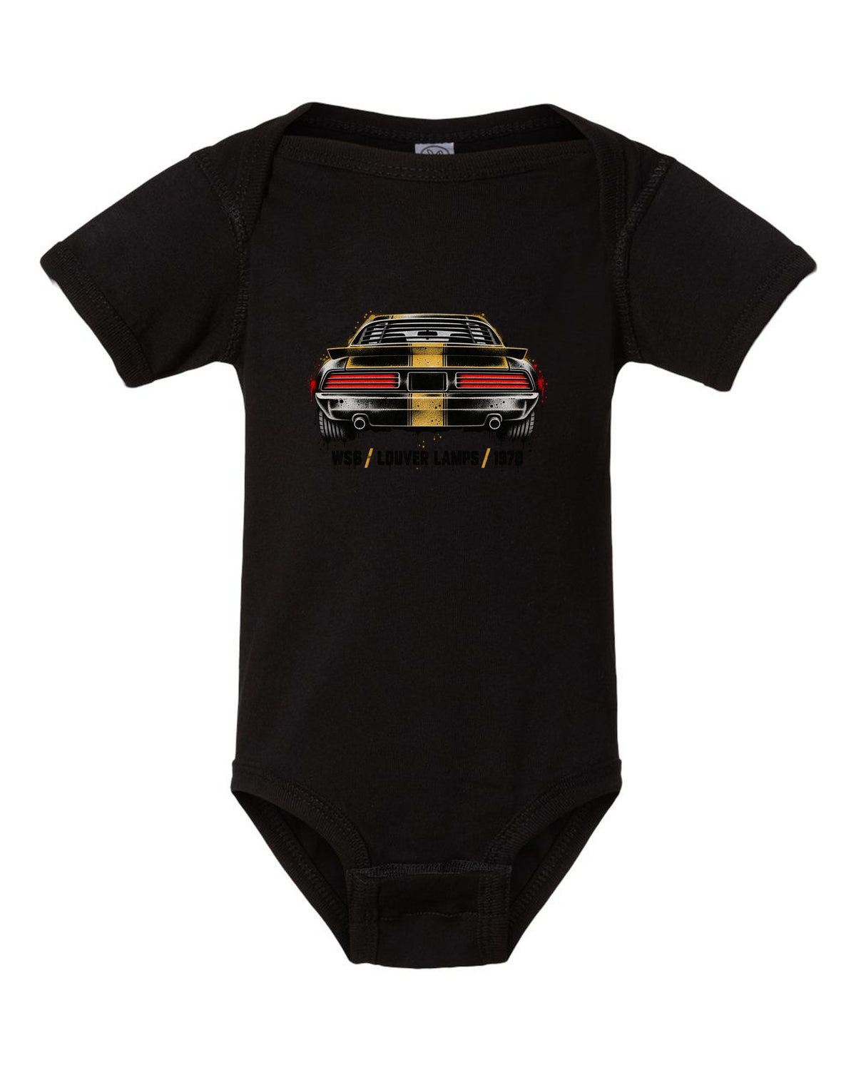 1978 Pontiac Firebird Formula rear taillights cutout in stencil style black baby onesie front view with the design