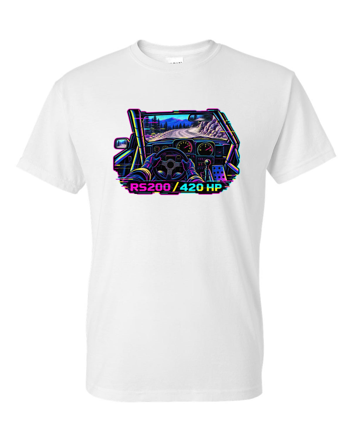 VHS glitch style Ford RS200 cockpit print with 420 hp lettering white t-shirt front view with the design