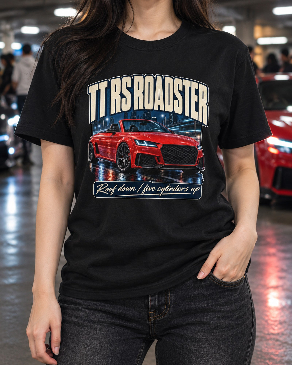 Audi TT RS Roadster 8S Street Poster Shirt, Roof Down T-Shirt Black worn hero