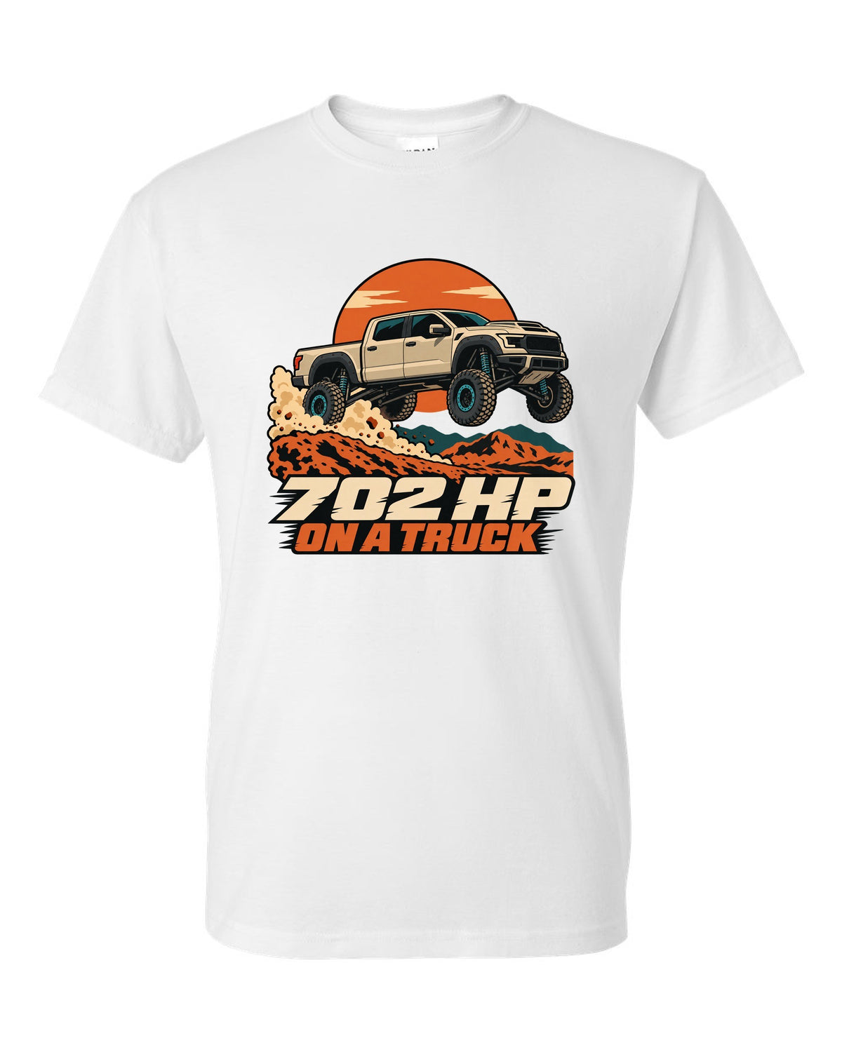 Vector poster print of a Ram 1500 TRX jumping a dune with the text 702 HP white t-shirt front view with the design