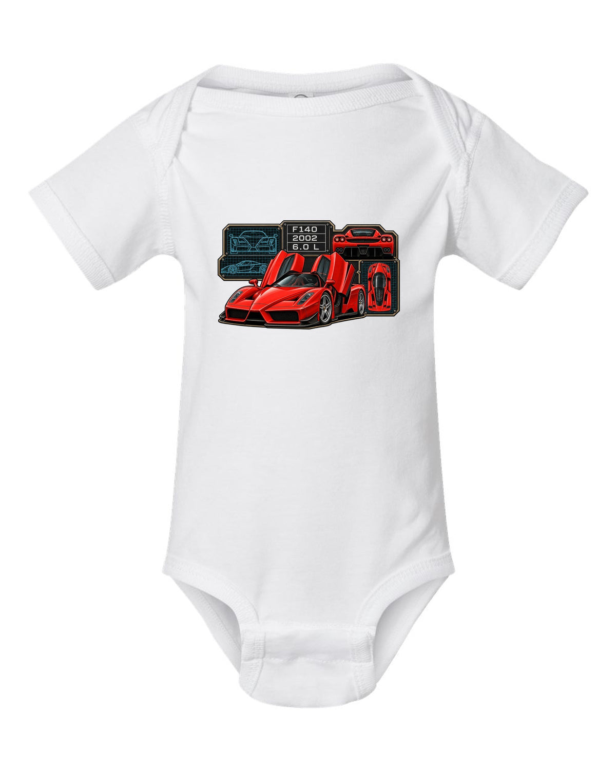 Spec-sheet data plate print of the Ferrari Enzo F140 with the text F140, 2002, 6.0 L white baby onesie front view with the design