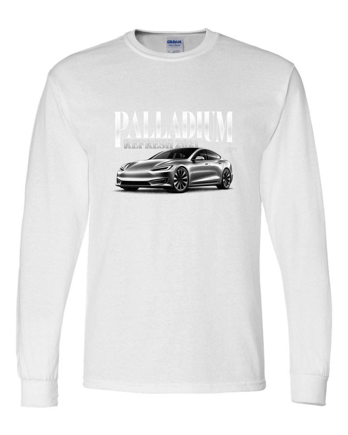 Editorial headline print of a Tesla Model S Palladium 2021 front three-quarter view white long sleeve front view with the design