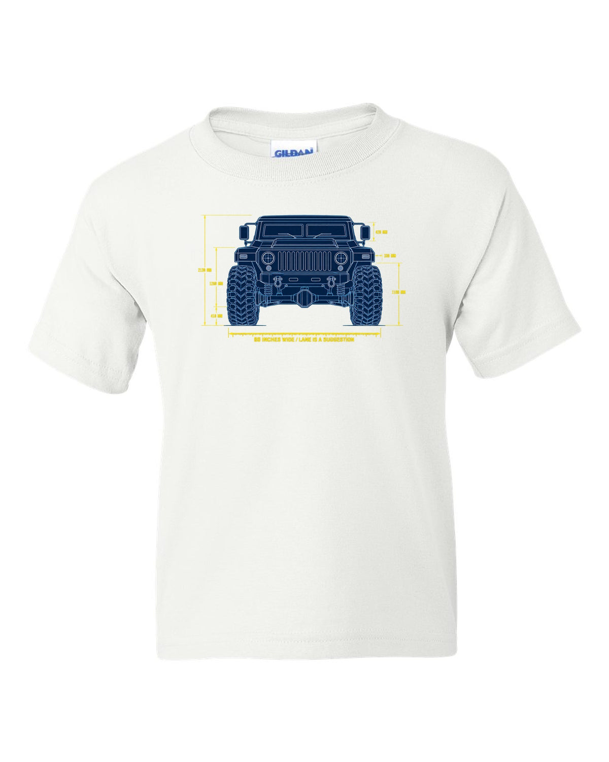 Blueprint patent line art print of the Hummer H1 M998 lineage with 86 inches wide text white kids tee front view with the design