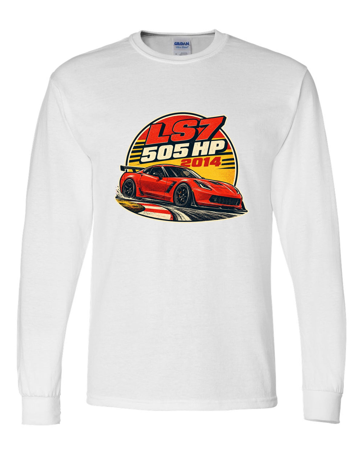 2014 Chevrolet Camaro Z/28 LS7 vintage race poster print with 505 HP text white long sleeve front view with the design