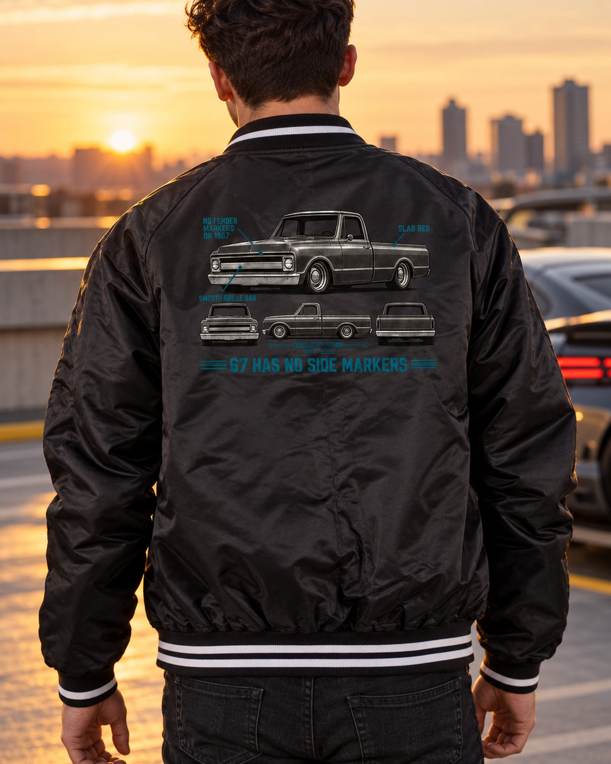Chevrolet C10 Fleetside 1967-72 Spec Strip Shirt, Truck Guy Gift Bomber Jacket Black worn hero