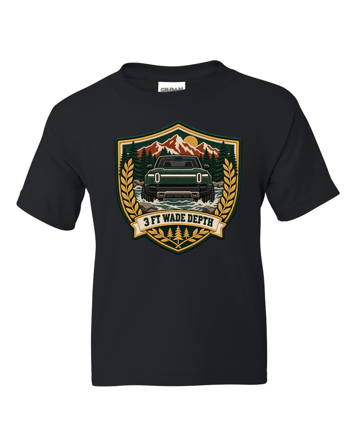 Rivian R1T varsity shield crest print with the text 3 ft wade depth black kids tee front view with the design