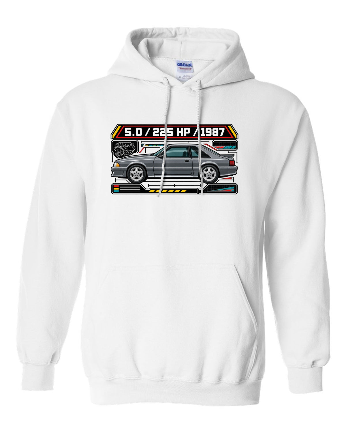 Spec-sheet data plate print of a 1987 Ford Mustang Fox Body GT chback white pull over hoodie front view with the design