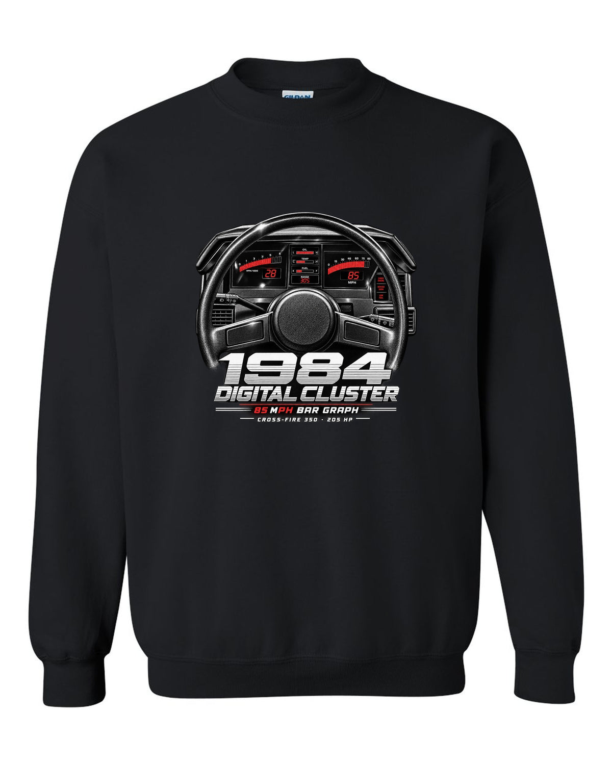 Chevrolet Corvette C4 1984 digital dash cluster cockpit print black crewneck front view with the design