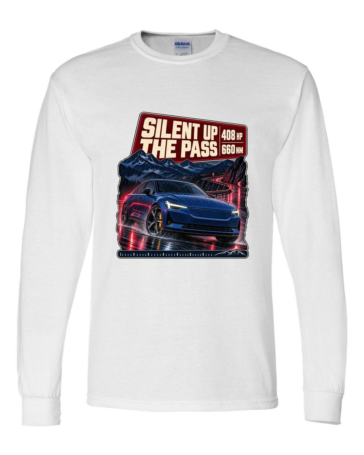 Polestar 2 Launch Edition driving a mountain pass at night, print design white long sleeve front view with the design