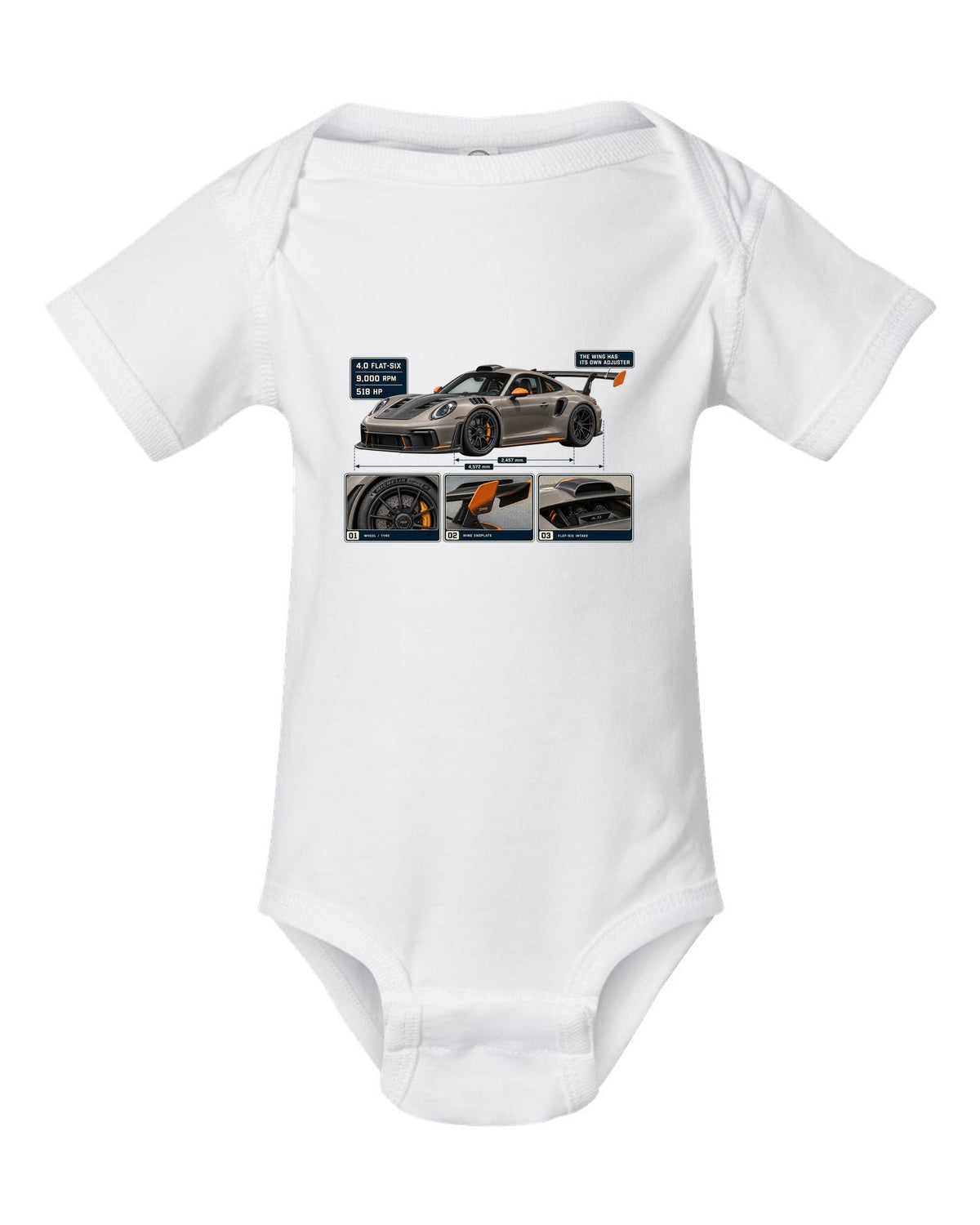 print dossier panels of a Porsche 911 GT3 RS 992 in warm grey with orange accents white baby onesie front view with the design