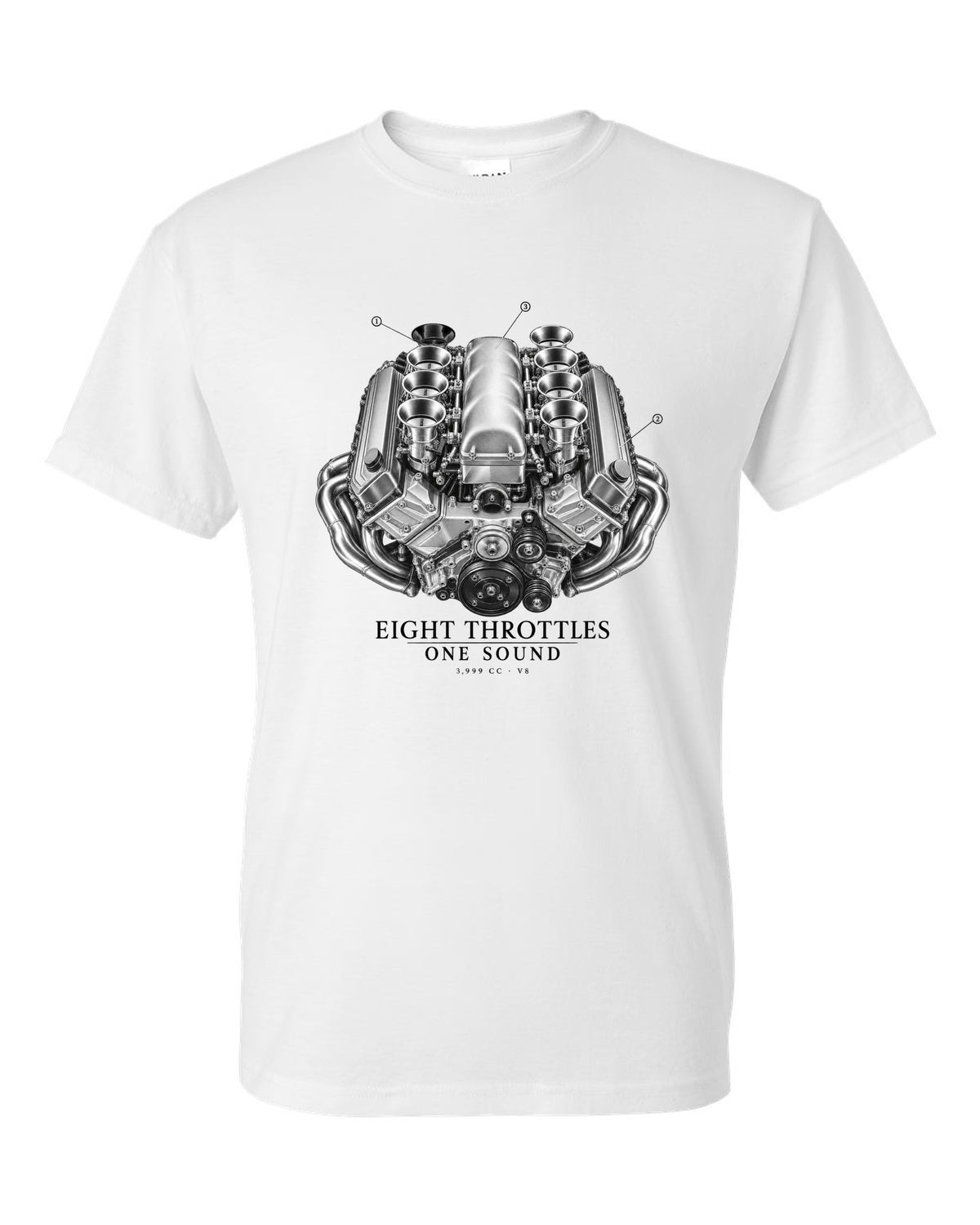BMW E92 M3 S65 V8 engine illustration print with eight throttles lettering white t-shirt front view with the design