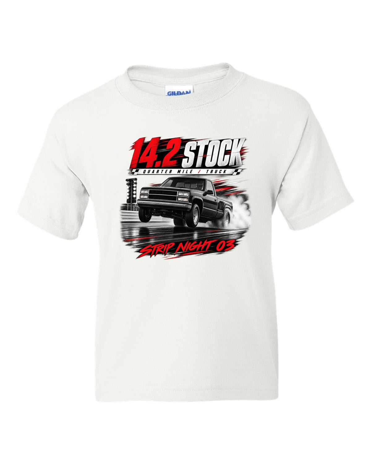 Race poster print of a 1993-95 Ford F-150 SVT Lightning with 14.2 quarter mile text white kids tee front view with the design