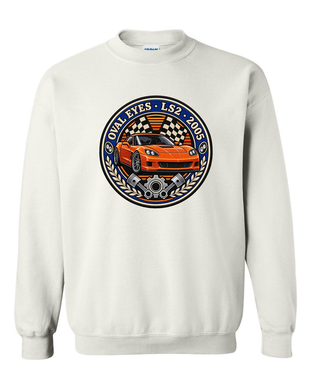 Varsity crest embroidery style print for a 2005 Chevrolet Corvette C6 coupe with Oval Eyes LS2 lettering white crewneck front view with the design