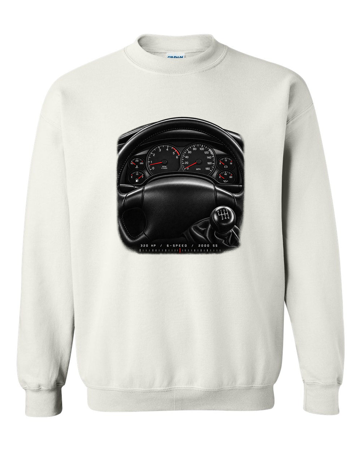 Gauge cluster print of a 2000 fourth-gen Chevrolet Camaro SS with 320 hp and 6-speed text white crewneck front view with the design
