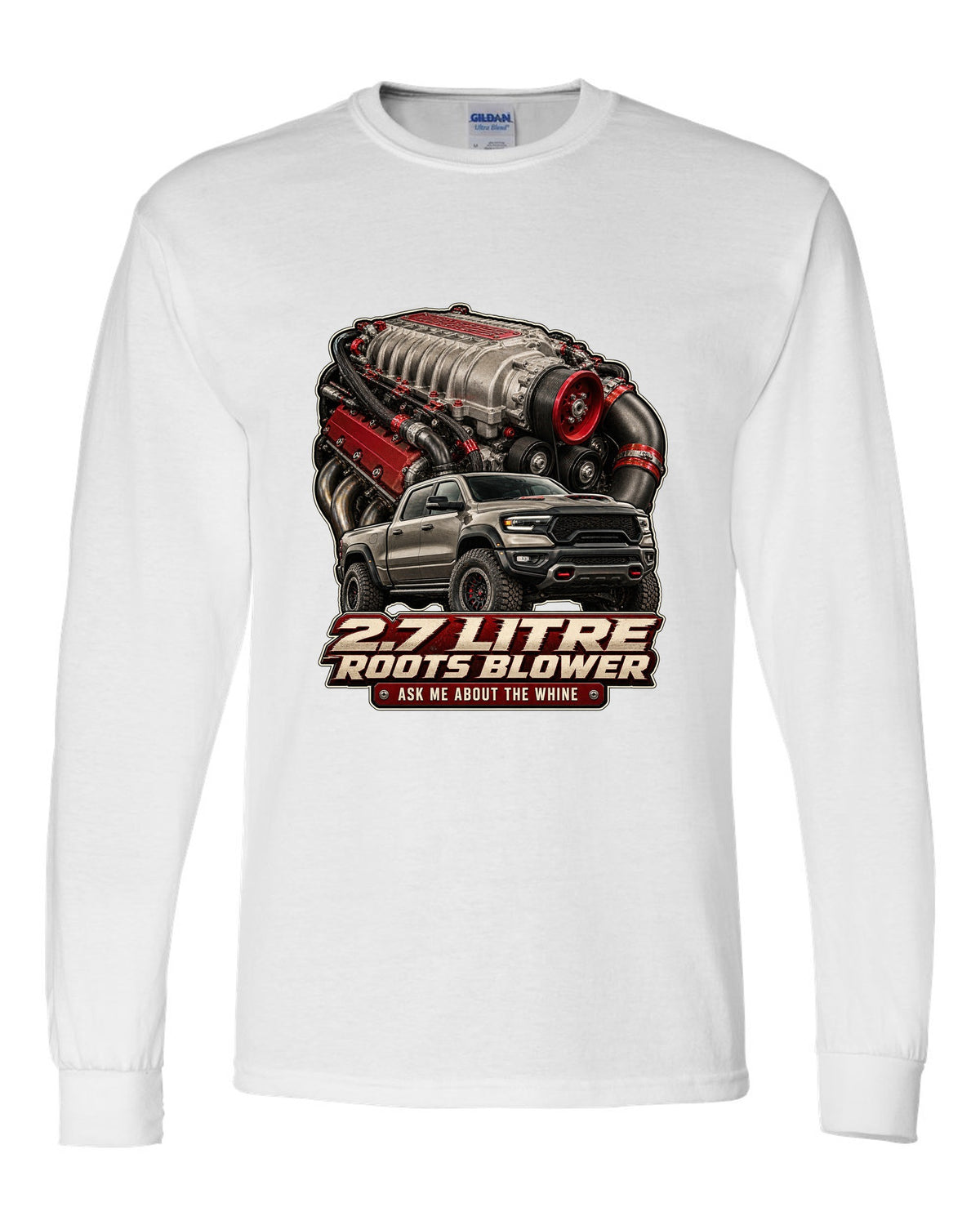 Ram 1500 TRX 2.7 litre Roots supercharger engine poster print white long sleeve front view with the design