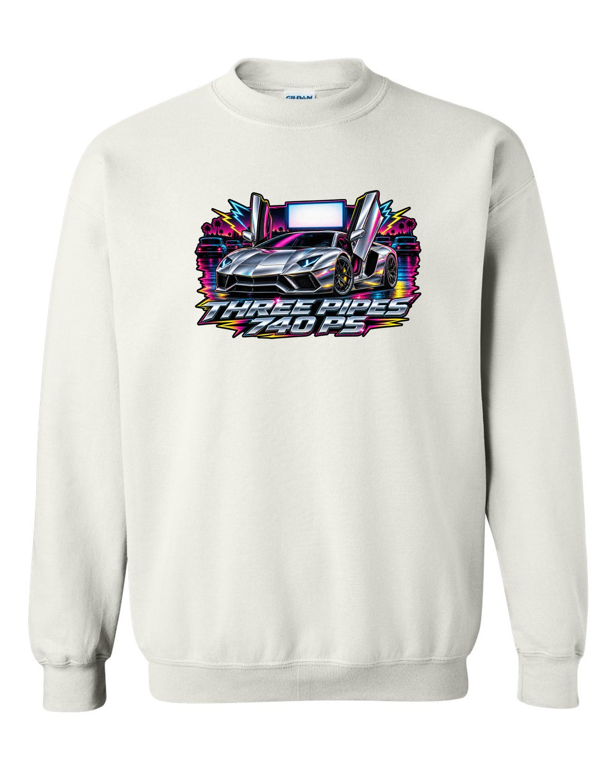80s airbrush chrome Lamborghini Aventador S LP740-4 with the text THREE PIPES / 740 PS white crewneck front view with the design