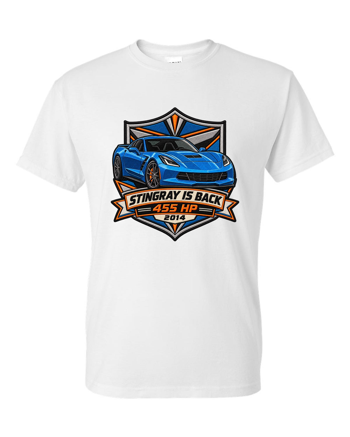 Varsity crest style print of a 2014 Chevrolet Corvette C7 Stingray with 455 HP and gill vent detail white t-shirt front view with the design