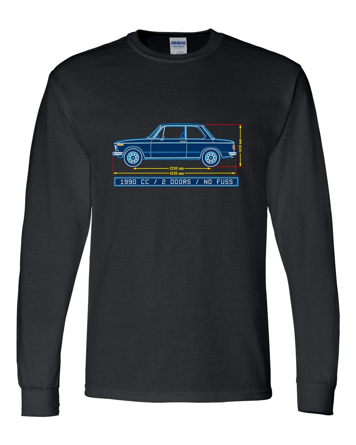 BMW 2002 turbo flared arch linocut woodcut print with 1,672 built text black long sleeve front view with the design