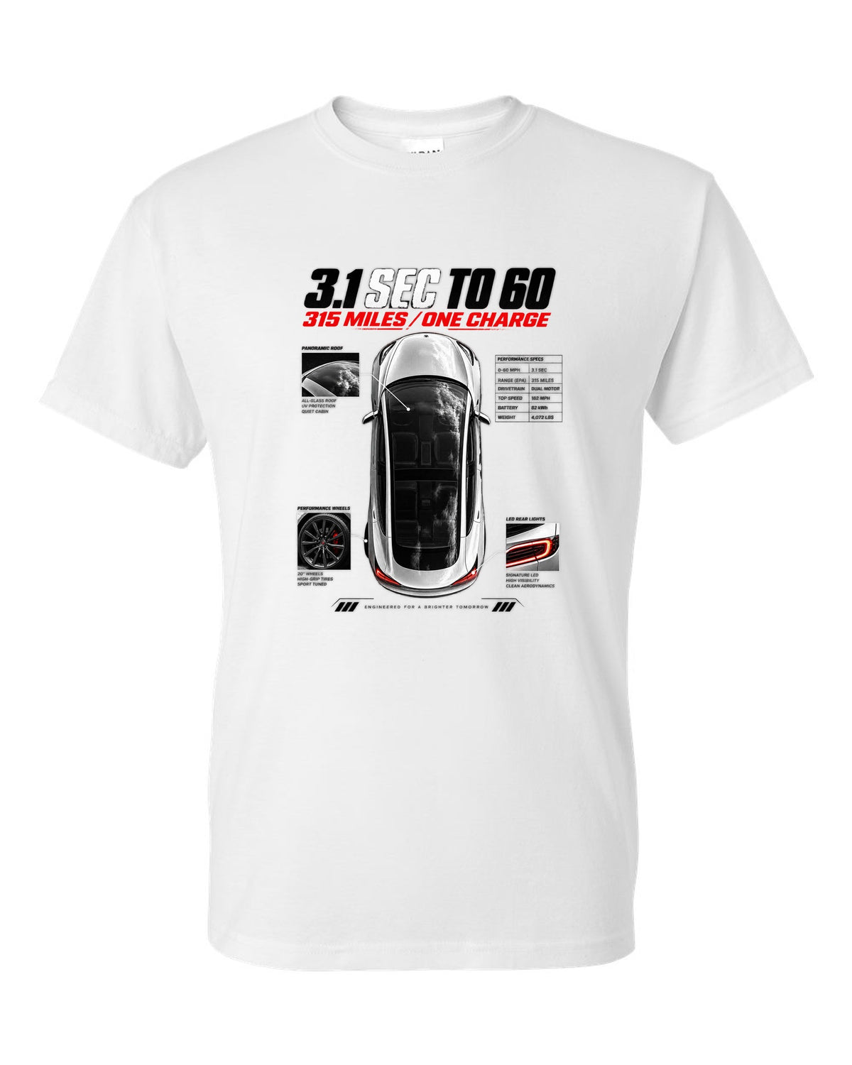 Top-down spec poster print of a Tesla Model 3 Performance with 0-60 and range figures white t-shirt front view with the design