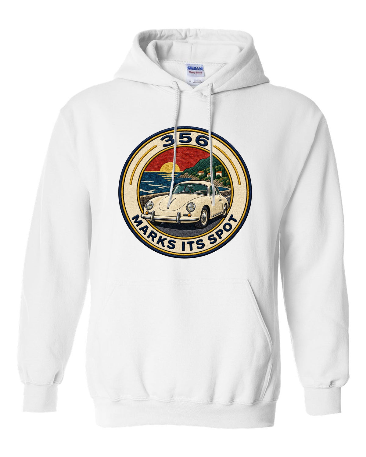 Round varsity crest style illustration of a Porsche 356 A white pull over hoodie front view with the design