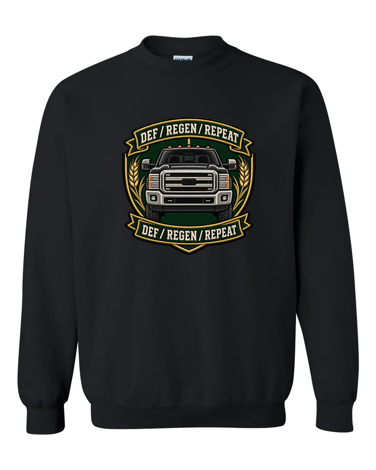 Shield crest print for the 2010-2018 Ram 2500 6.7 Cummins reading DEF regen repeat black crewneck front view with the design