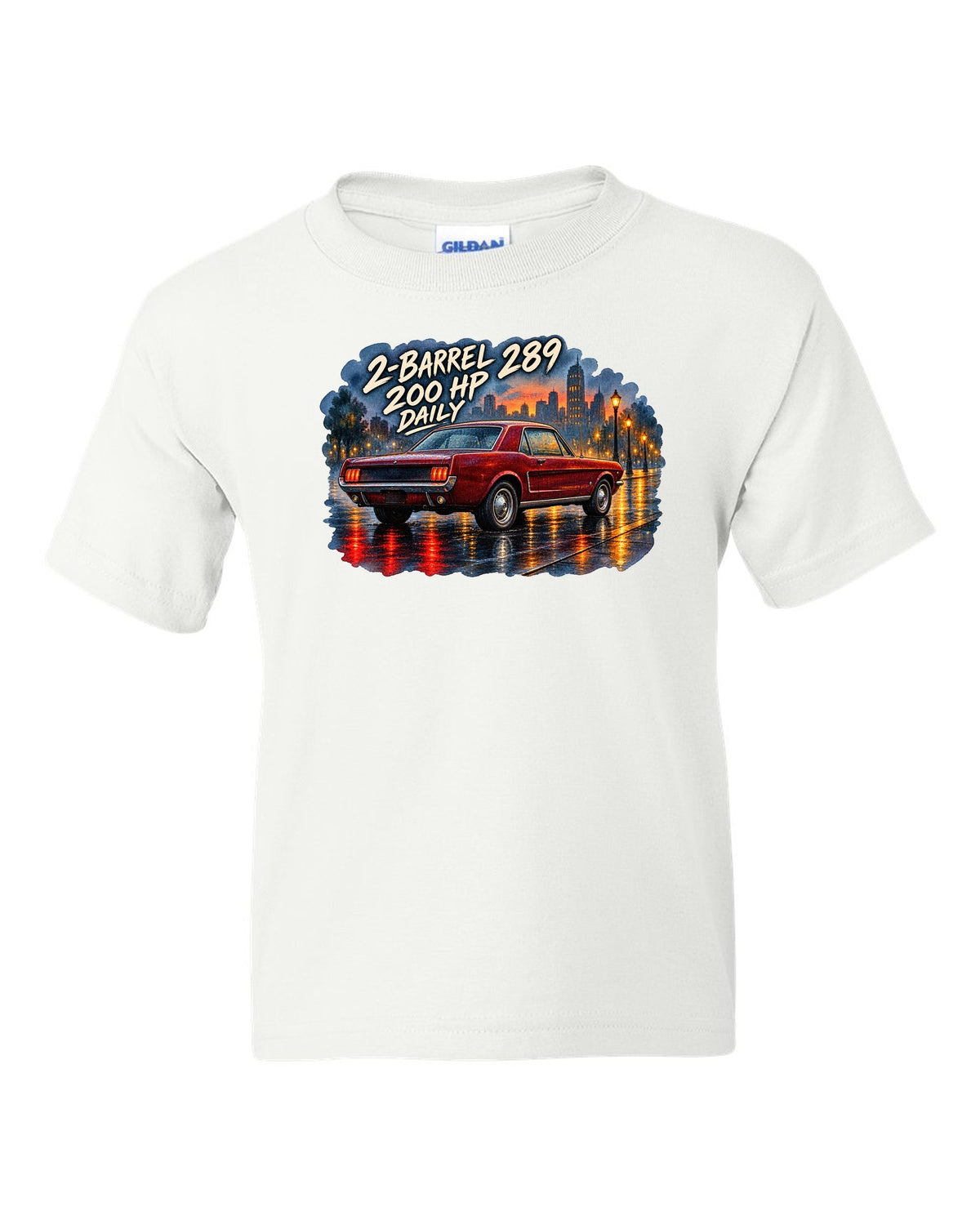 Watercolour wet-road night print of a 1965 Ford Mustang coupe with 2-barrel 289 text white kids tee front view with the design