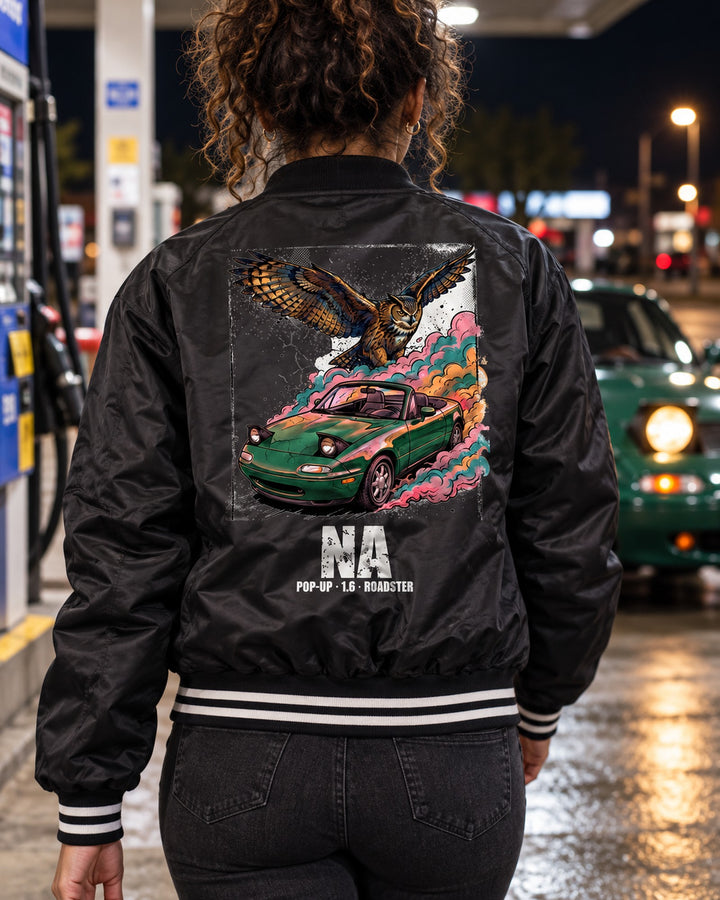 Mazda MX-5 Miata Owl Bomber Jacket worn hero