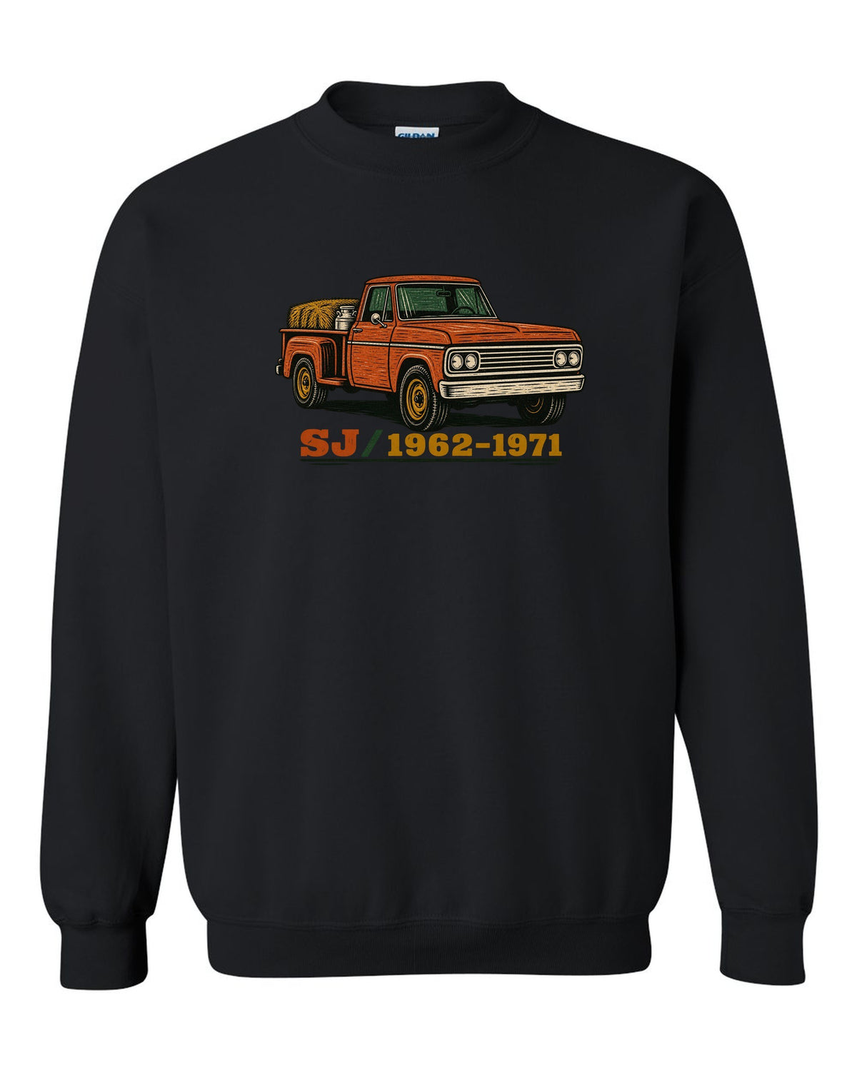 Woodcut style print of a Jeep Gladiator SJ pickup with SJ 1962-1971 lettering black crewneck front view with the design