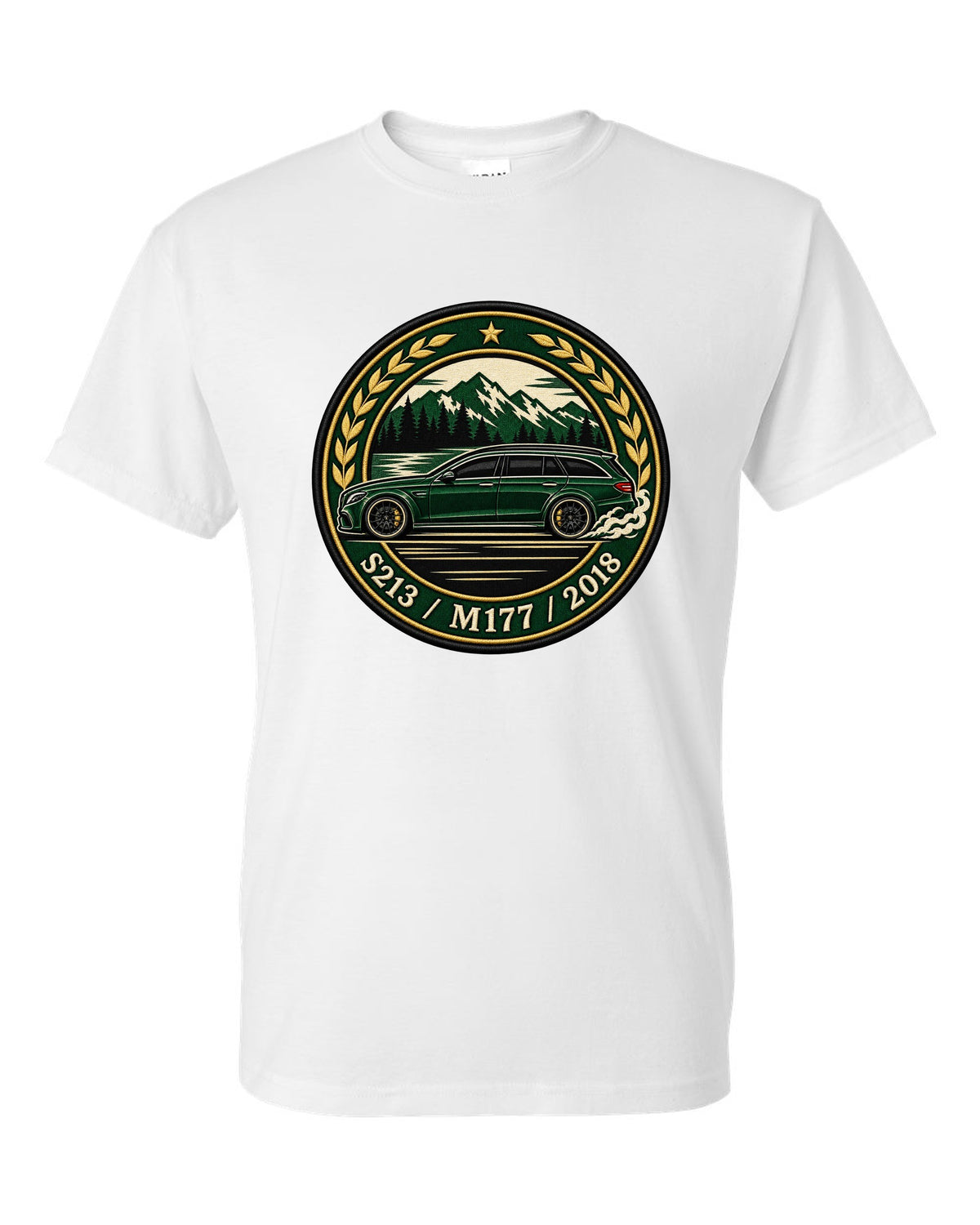 Embroidery-style varsity crest of a Mercedes E63 AMG Wagon S213 with M177 white t-shirt front view with the design